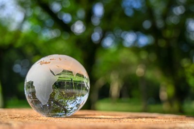 Glaskugel mit Weltaufdruck vor Naturhintergrund
